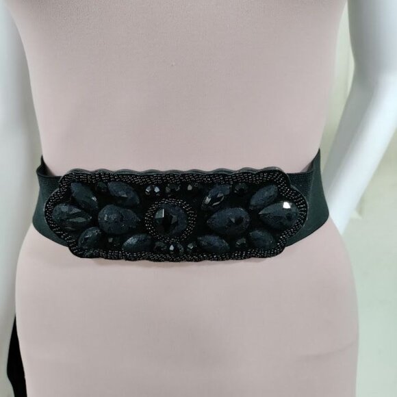 Black Gothic Rhinestone Beaded Decorative Gemstone Buckle Elastic Wide Belt - Picture 2 of 10